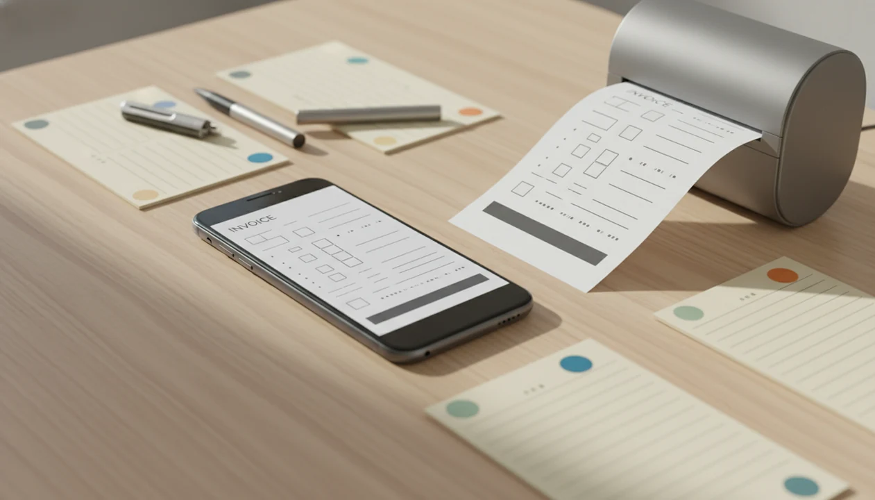 A phone, printed invoice, and organized record cards on a tidy desk suggest PDF invoice creation.
