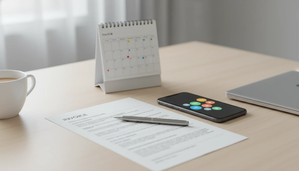 A desk setup with an unpaid invoice, phone notifications, and calendar reminder dots for payment follow-up.