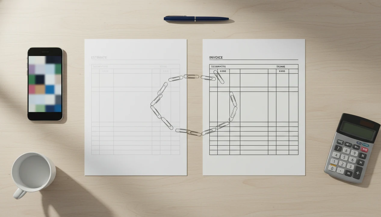 A desk flat lay shows an estimate-style document converting into an invoice-style document beside a phone.
