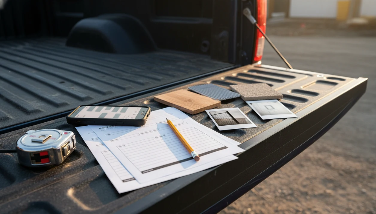 A contractor’s phone, tape measure, pencil, photos, and estimate papers arranged on a truck tailgate.