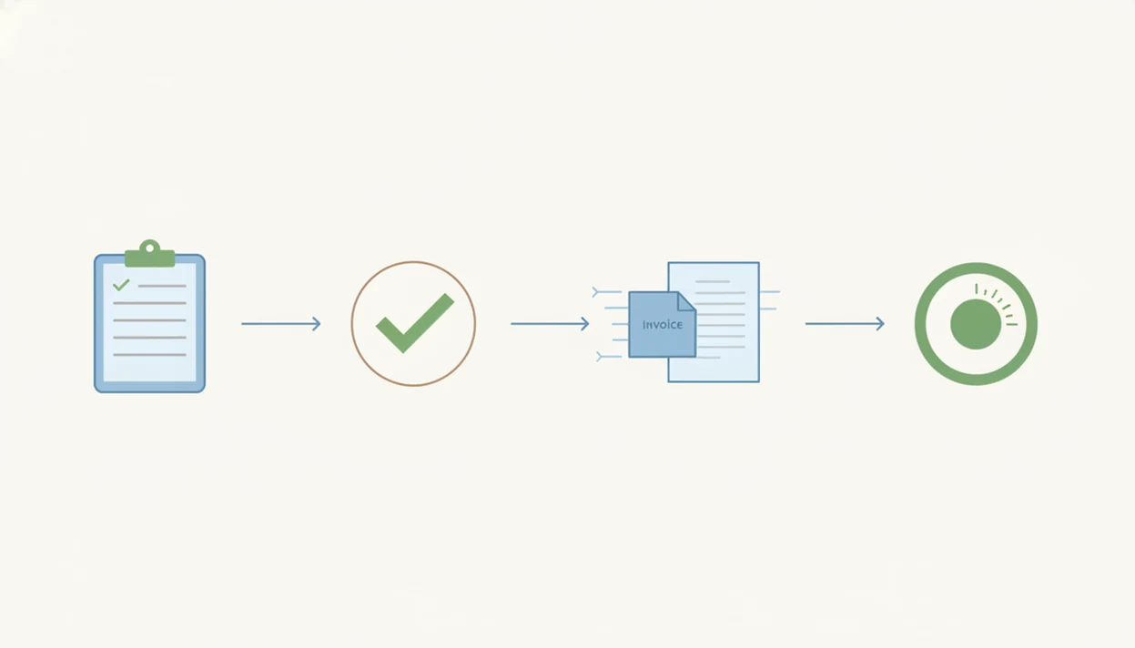 A simple diagram shows an estimate moving through approval, invoice creation, and payment tracking.