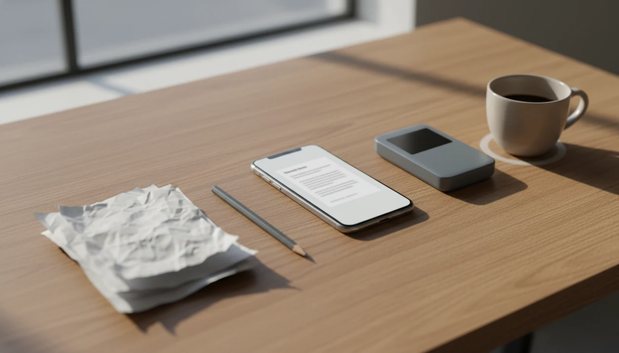 A small-business desk shows a phone, blurred invoice papers, pencil, and card reader arranged as a billing workflow.