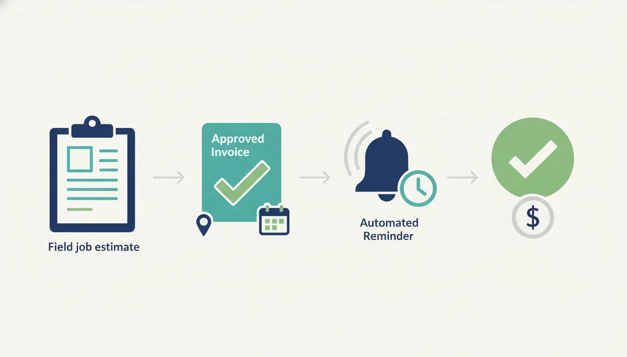 A simple diagram uses icons and arrows to show estimate, invoice, reminder, and payment tracking steps.