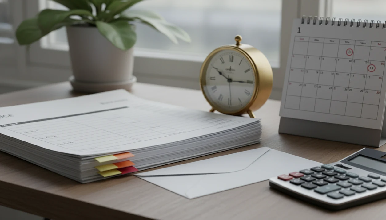 A desk shows blank invoices sorted with colored tabs beside a clock, calendar, calculator, and reminder envelope.