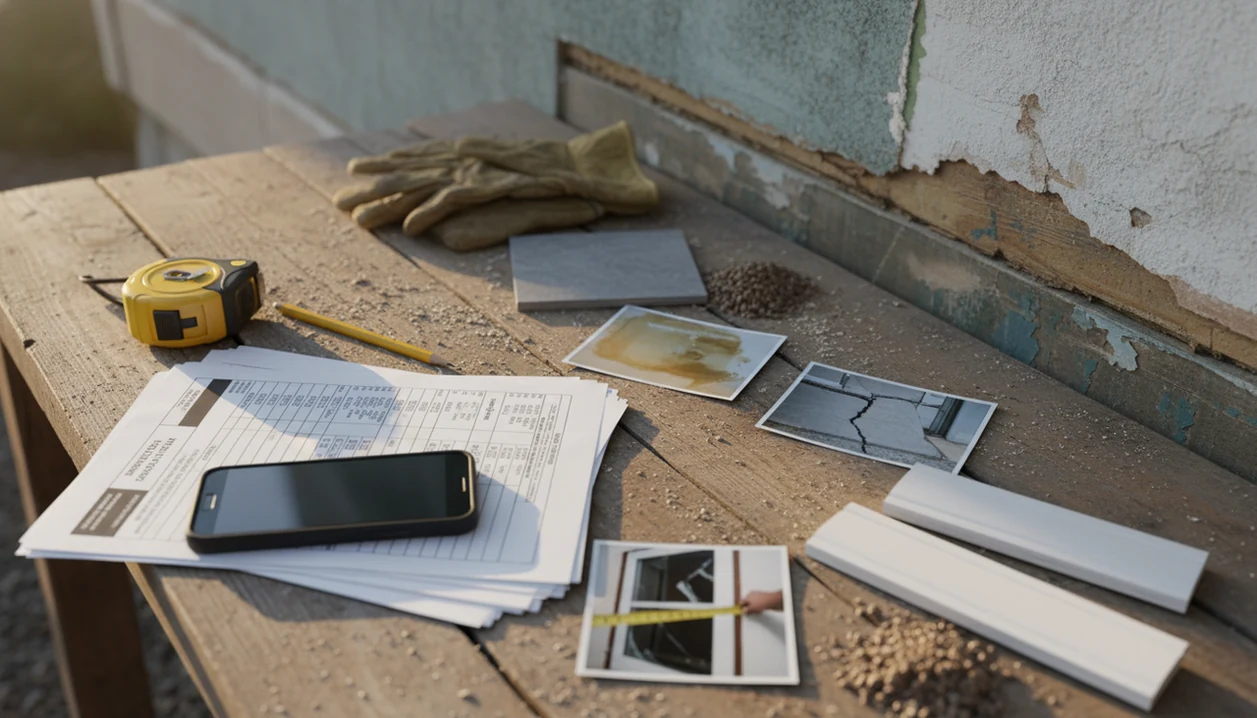 A contractor’s workbench shows job photos, estimate paperwork, tools, and material samples ready for quoting.