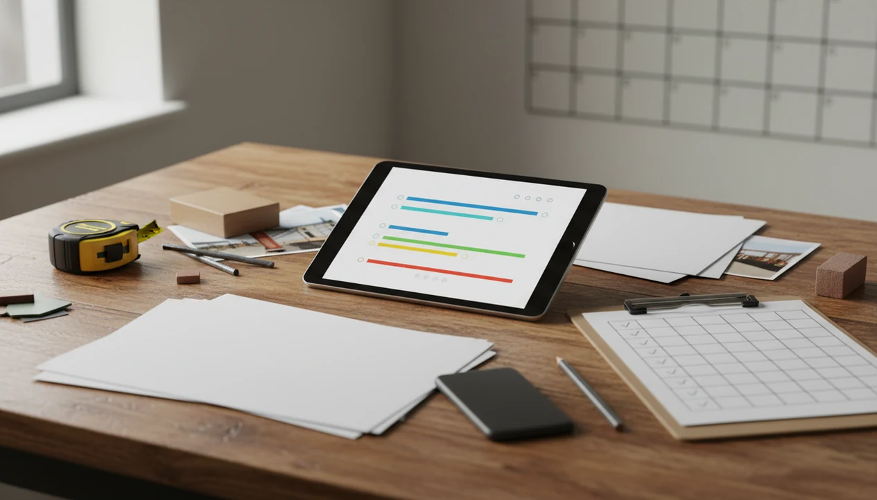 A contractor desk shows organized estimate tracking tools, job photos, and invoice paperwork.