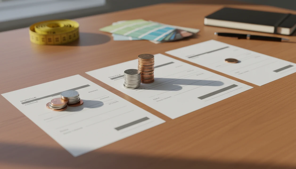 A desk still life shows staged invoice papers, coins, and work tools representing deposit billing.