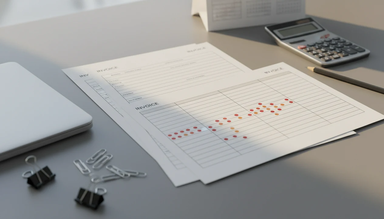A desk with invoice papers, a calendar, and colored markers showing recurring late payment patterns.