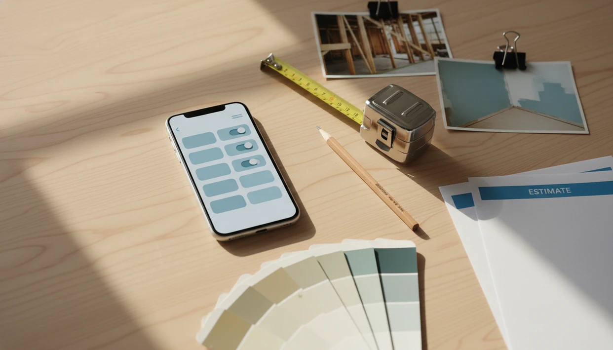 A smartphone on a workbench with tools and job photos, ready for creating a mobile estimate.