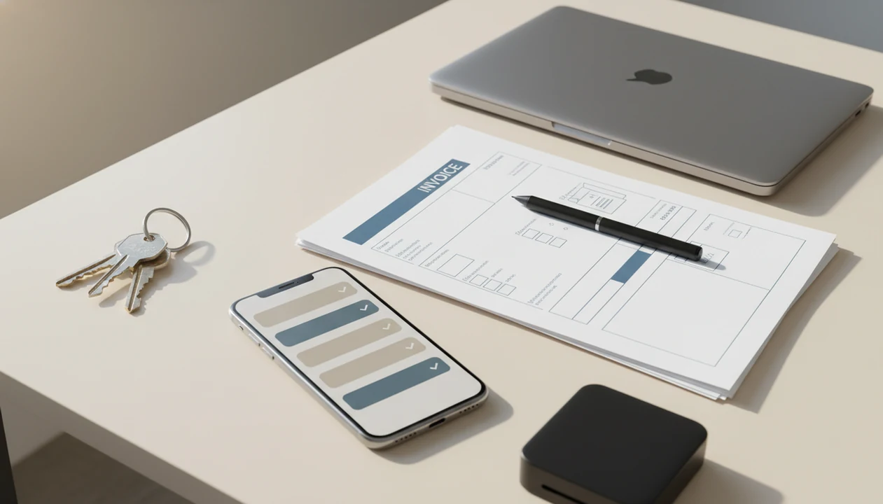 A phone, laptop, blank invoice papers, pen, and card reader arranged for mobile billing.