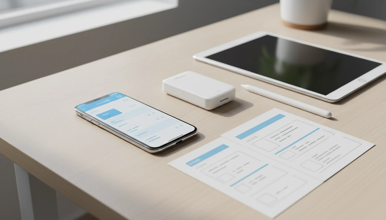 A smartphone on a desk shows a generic invoice app beside papers, a pen, and a card reader.