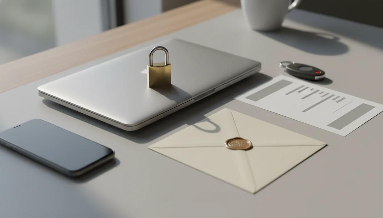 A locked laptop, sealed envelope, invoice papers, and verification token arranged on a tidy desk.