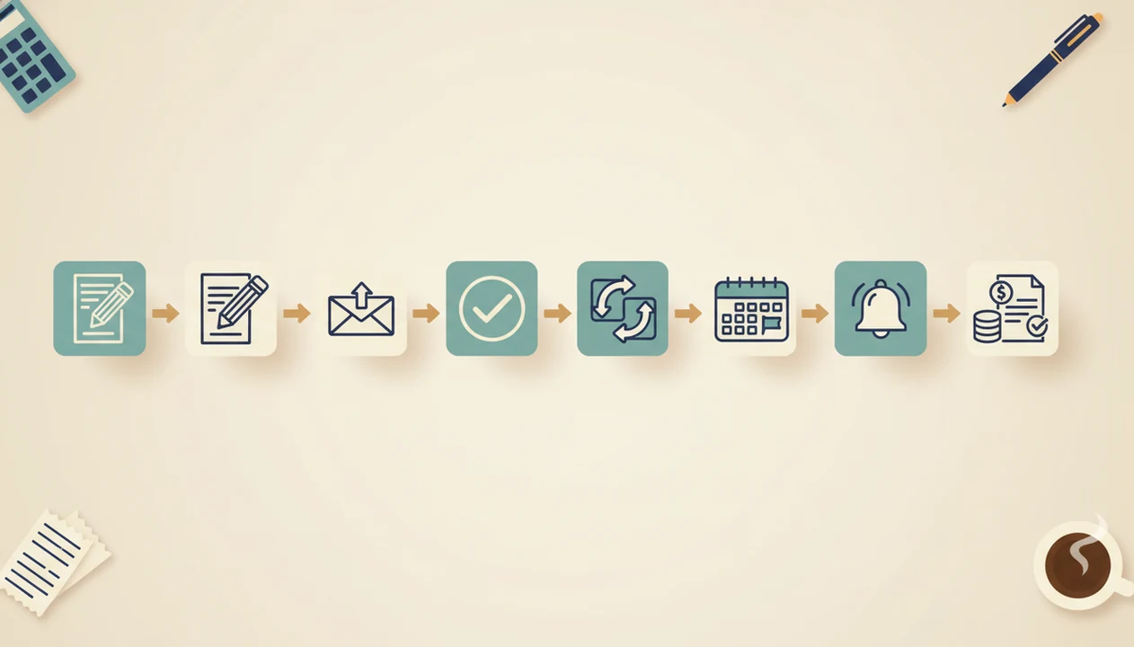 A clean illustrated timeline shows estimate creation, approval, invoicing, reminders, and payment tracking.