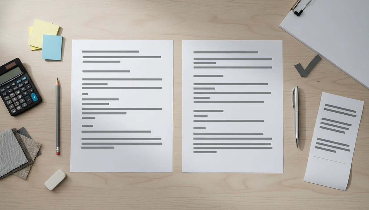 Two pricing documents on a desk show the contrast between a flexible estimate and a finalized quote.