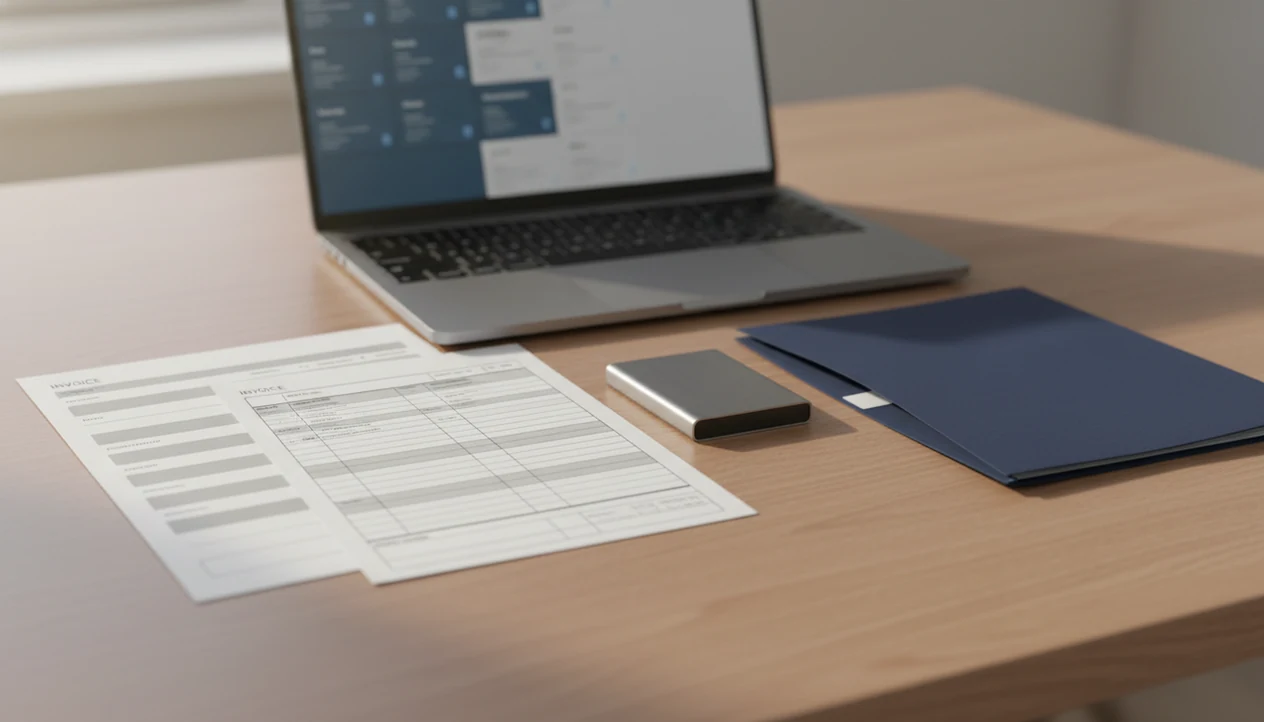 Organized invoice printouts, spreadsheet pages, and a backup drive prepared for bookkeeping export.