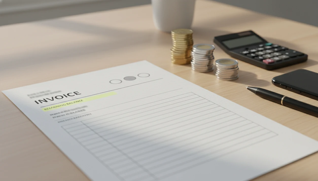 A desk shows an unreadable invoice with coin stacks suggesting paid amounts and a remaining balance.