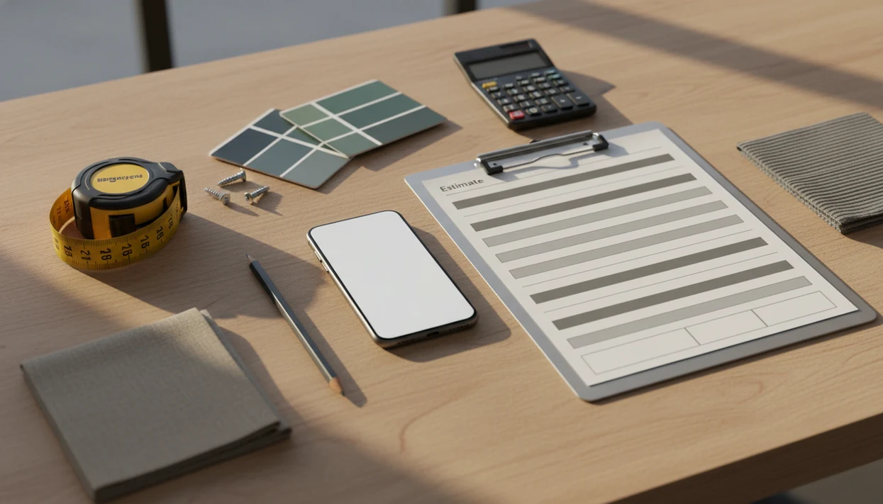 A phone, clipboard, measuring tape, and job materials are arranged for creating a mobile job estimate.