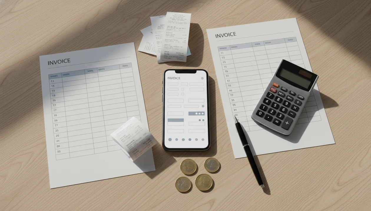 A tidy desk shows a phone, blank invoice sheets, receipts, calculator, pen, and coins for simple billing.