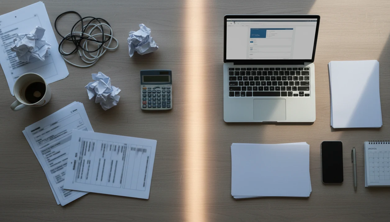 A split desk scene contrasts messy manual invoicing with an organized digital invoice workflow.