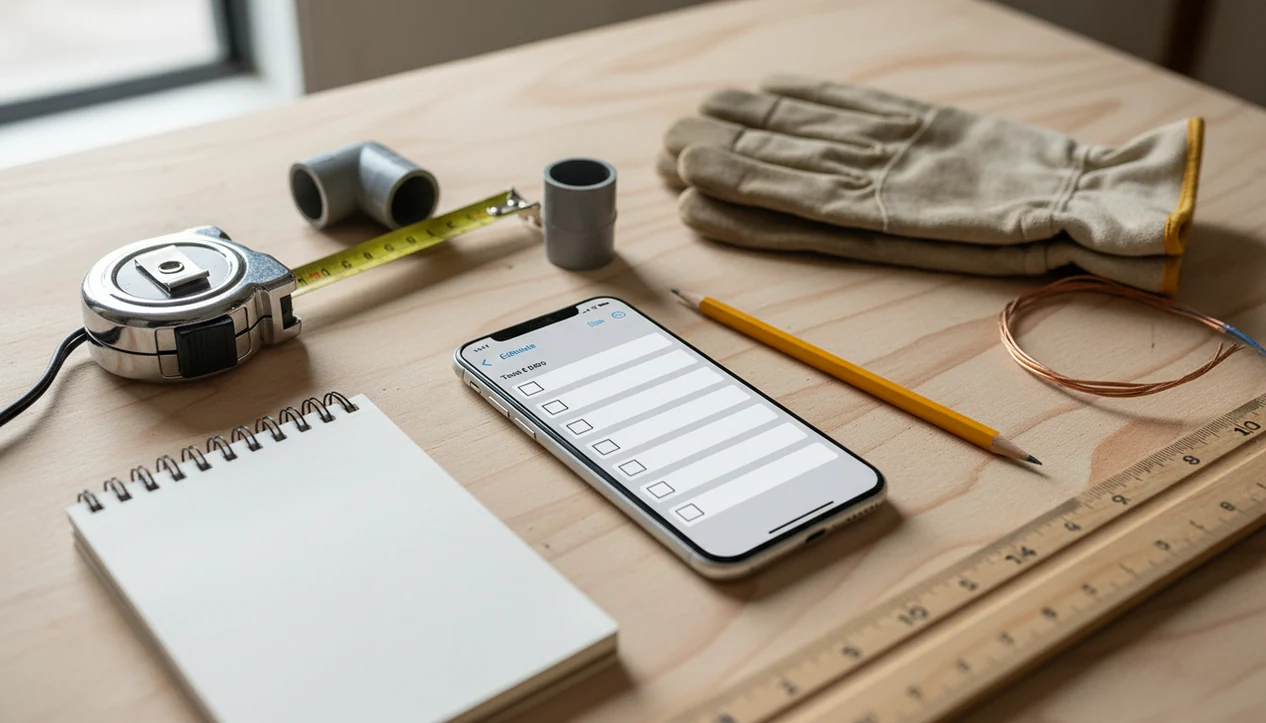 A smartphone on a job-site workbench beside tools and notes for creating an estimate on site.
