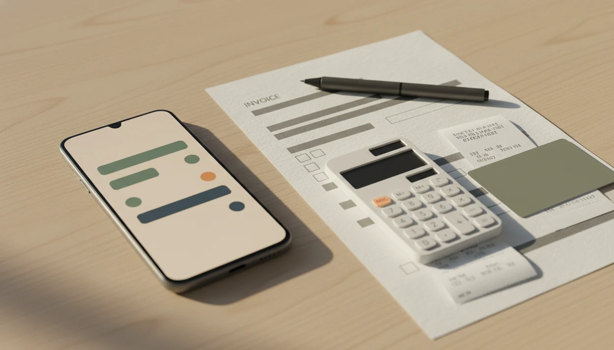 An Android phone sits beside invoice paperwork, receipts, a calculator, and a pen on a clean desk.