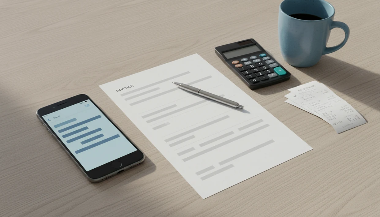 An iPhone rests beside a clean invoice sheet, pen, calculator, and receipts on a tidy desk.