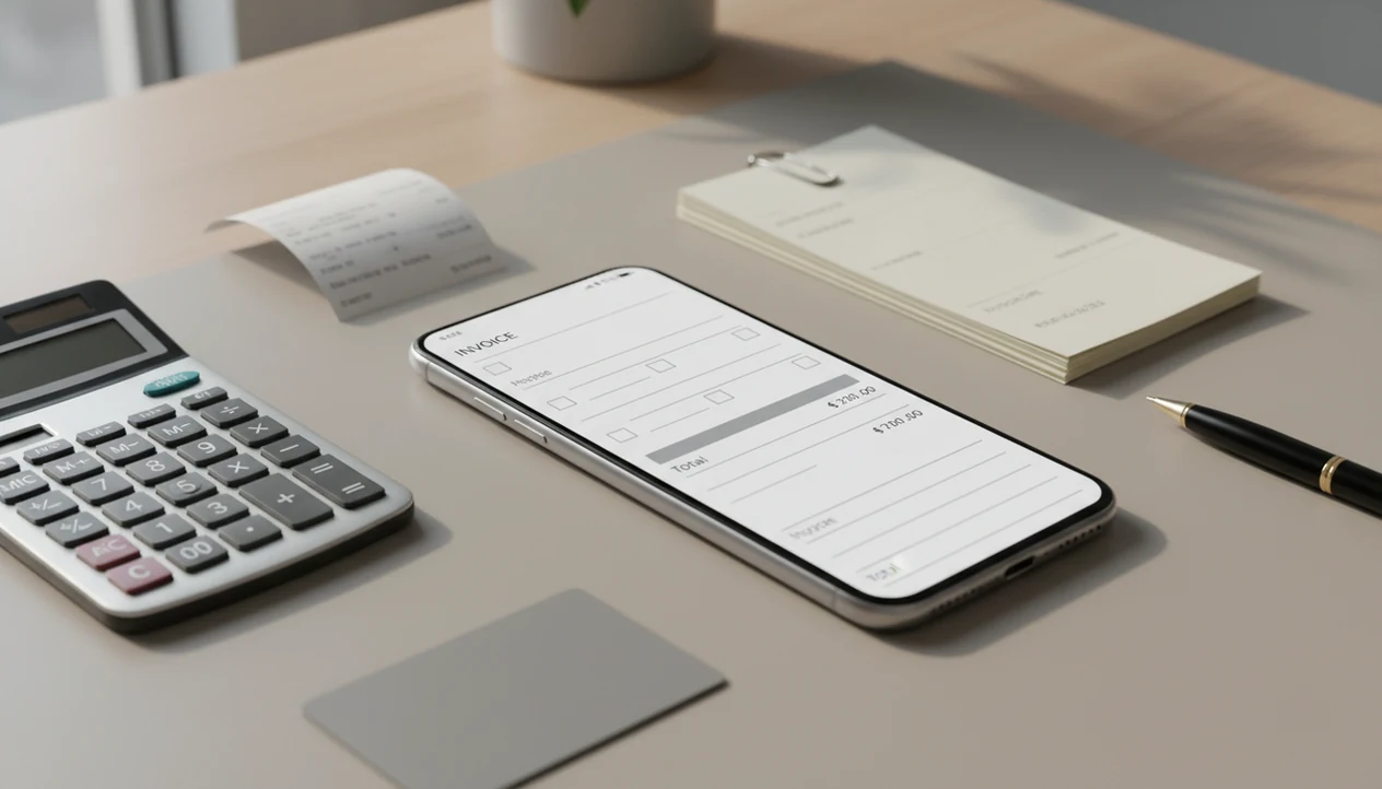 A smartphone on a desk shows an invoice layout beside billing tools and blank paperwork.