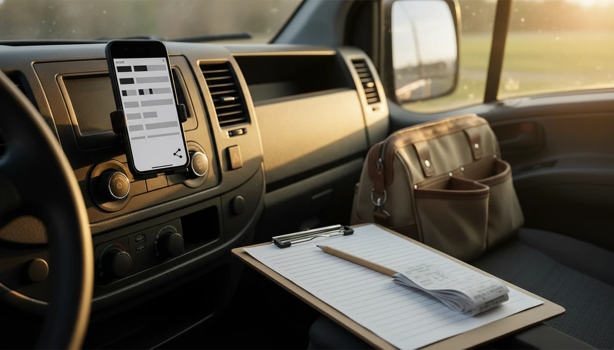 A smartphone in a parked service van suggests sending a professional invoice right after a job.