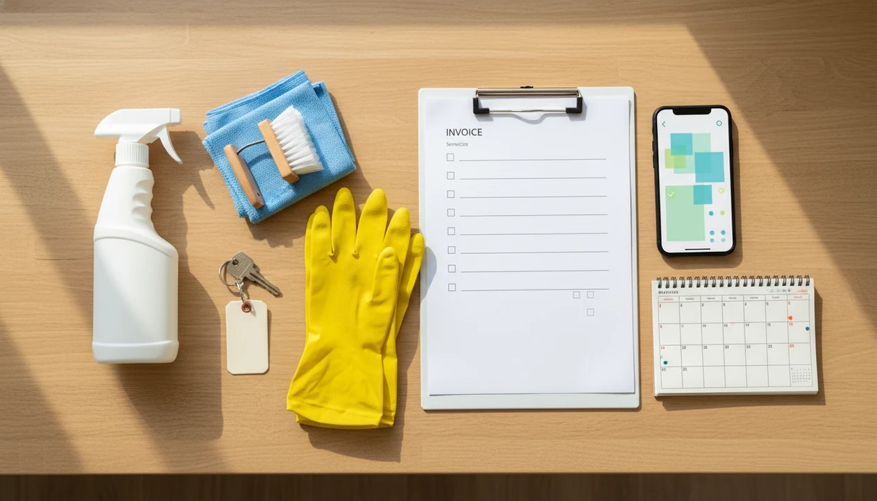 Cleaning supplies, keys, a blank invoice sheet, and a phone arranged for mobile cleaner billing.