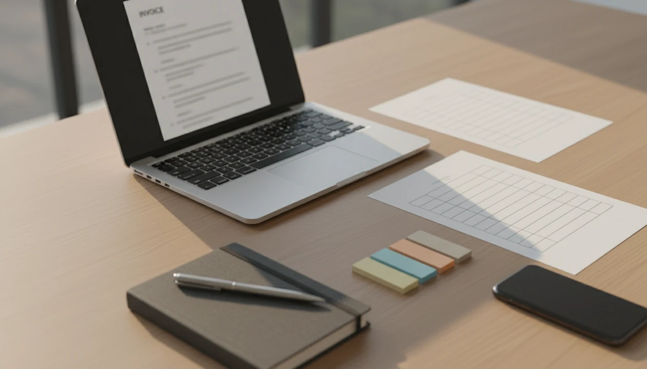 A polished consultant workspace with invoice papers, milestone notes, laptop, notebook, and phone on a desk.