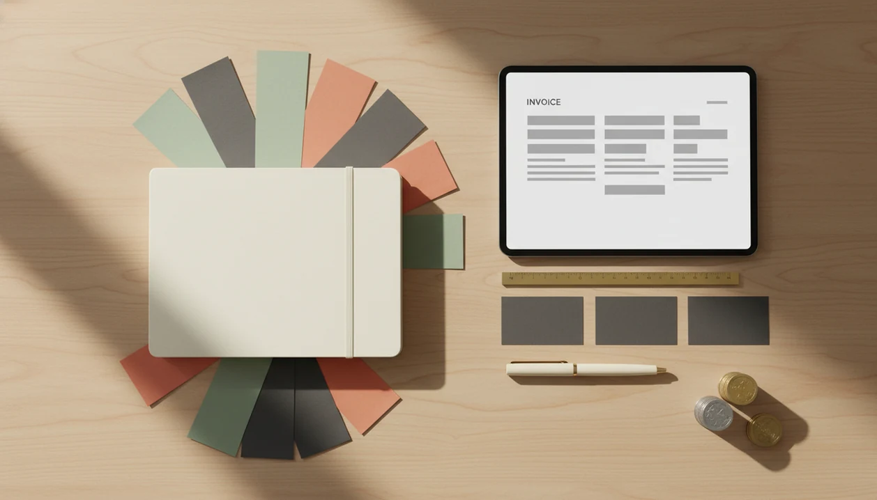 A designer’s desk shows blank invoice layouts, color swatches, milestone cards, and coins for staged billing.