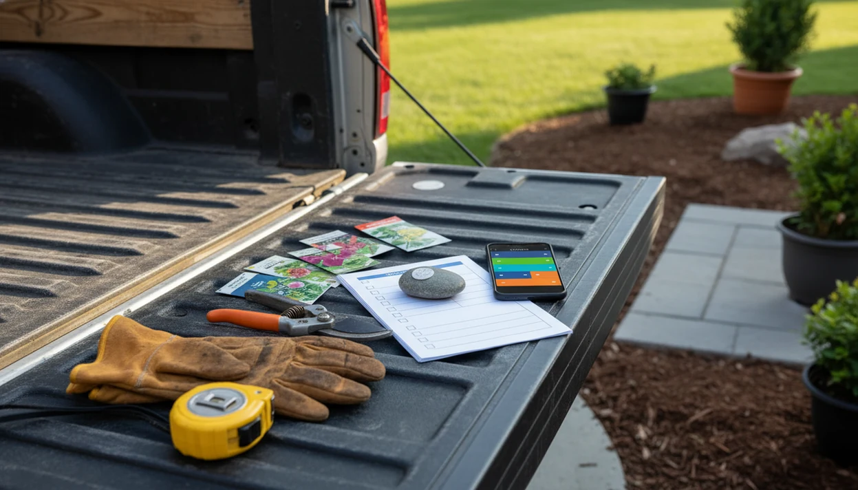 Landscaping tools, blank paperwork, and a phone arranged on a truck tailgate beside a maintained yard.