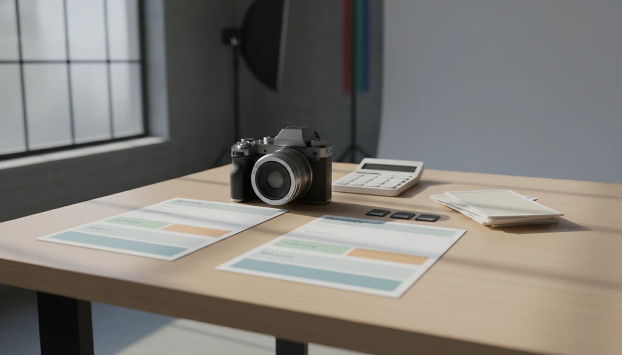 A photographer’s desk with camera gear, prints, calculator, and organized invoice sheets for client billing.