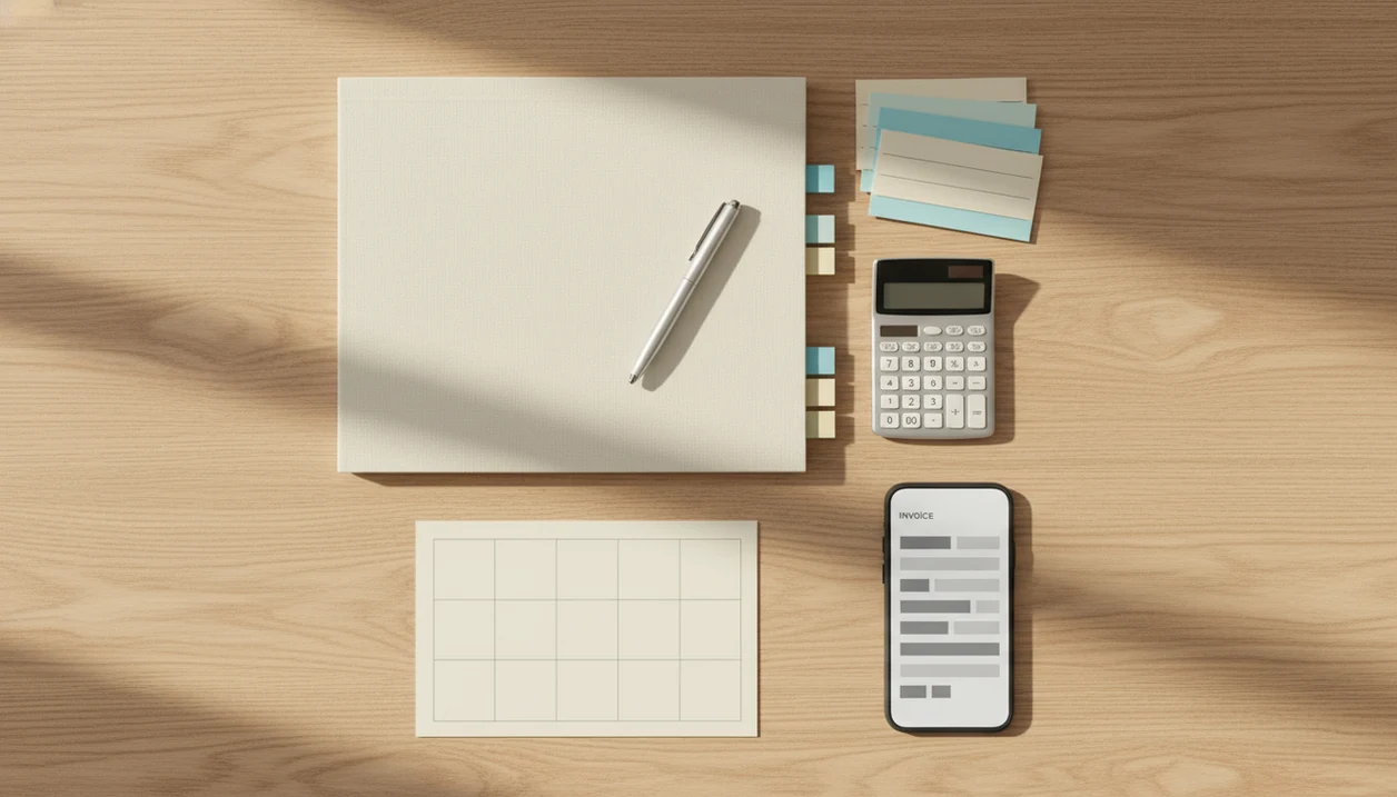 A tutor’s organized desk with lesson materials, calculator, calendar sheet, and phone for invoice tracking.