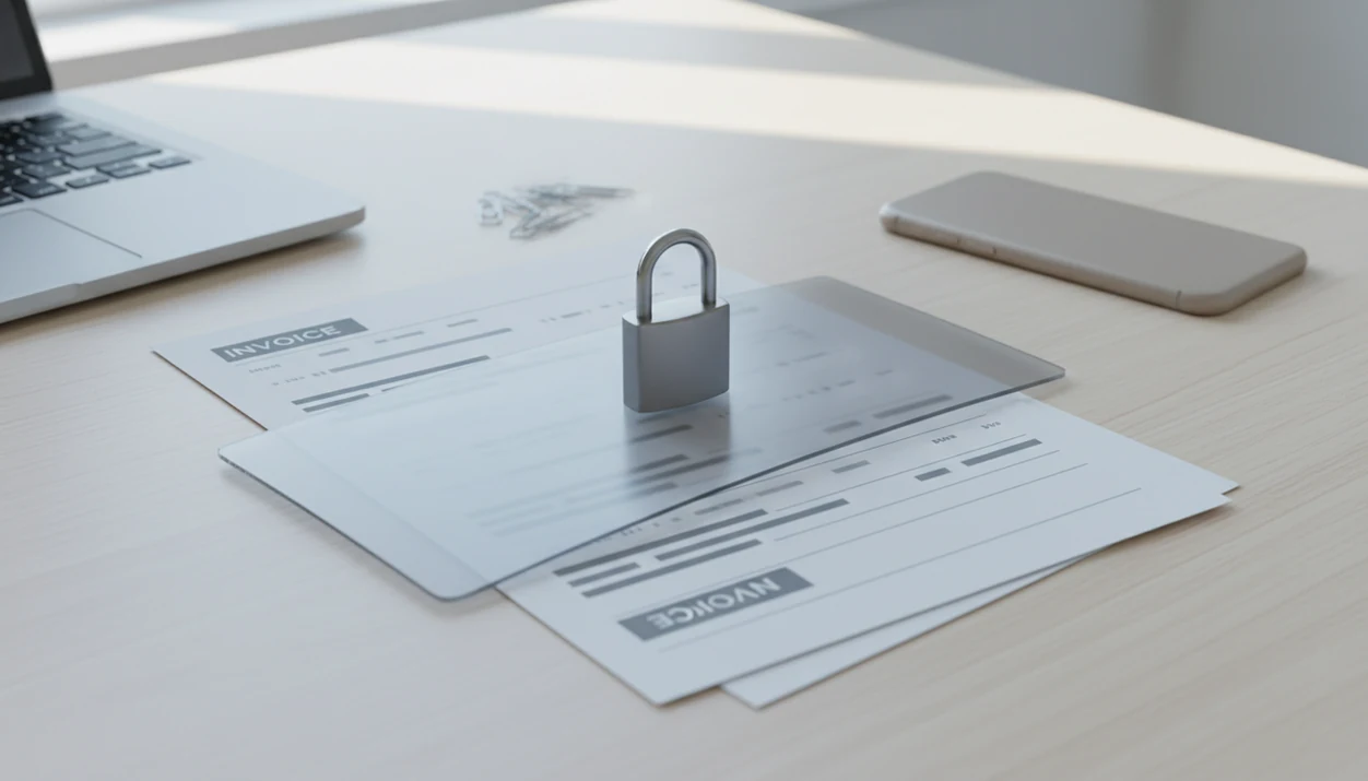 Generic invoice papers sit under a translucent shield and padlock on a clean small-business desk.
