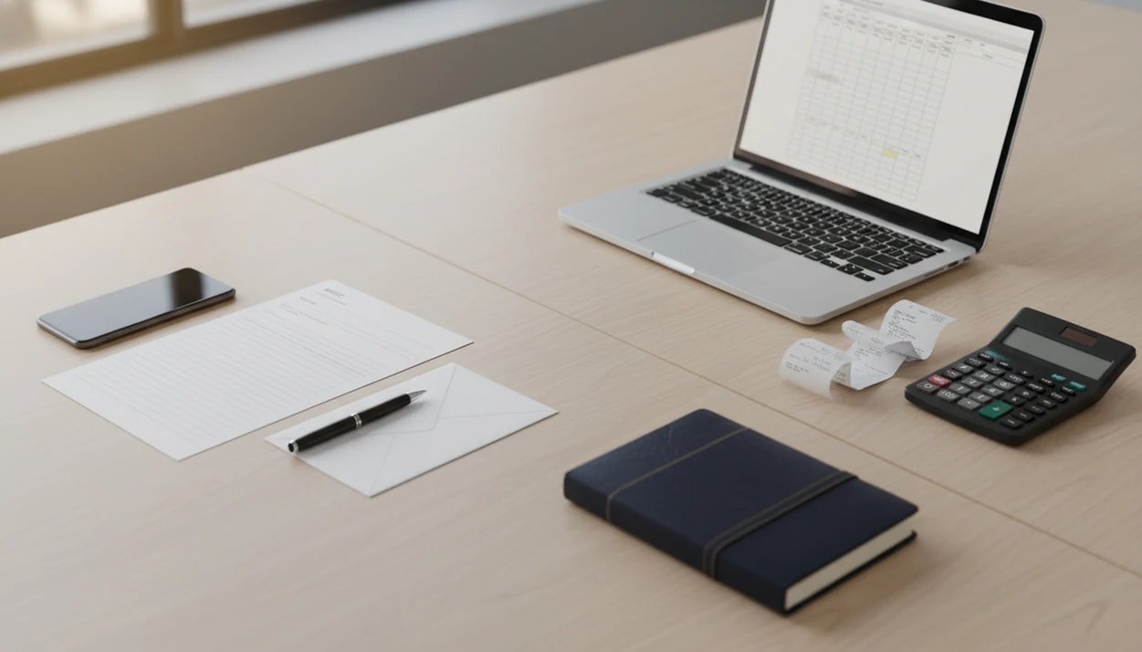 A desk contrasts quick invoicing tools with bookkeeping items like receipts, calculator, and ledger.