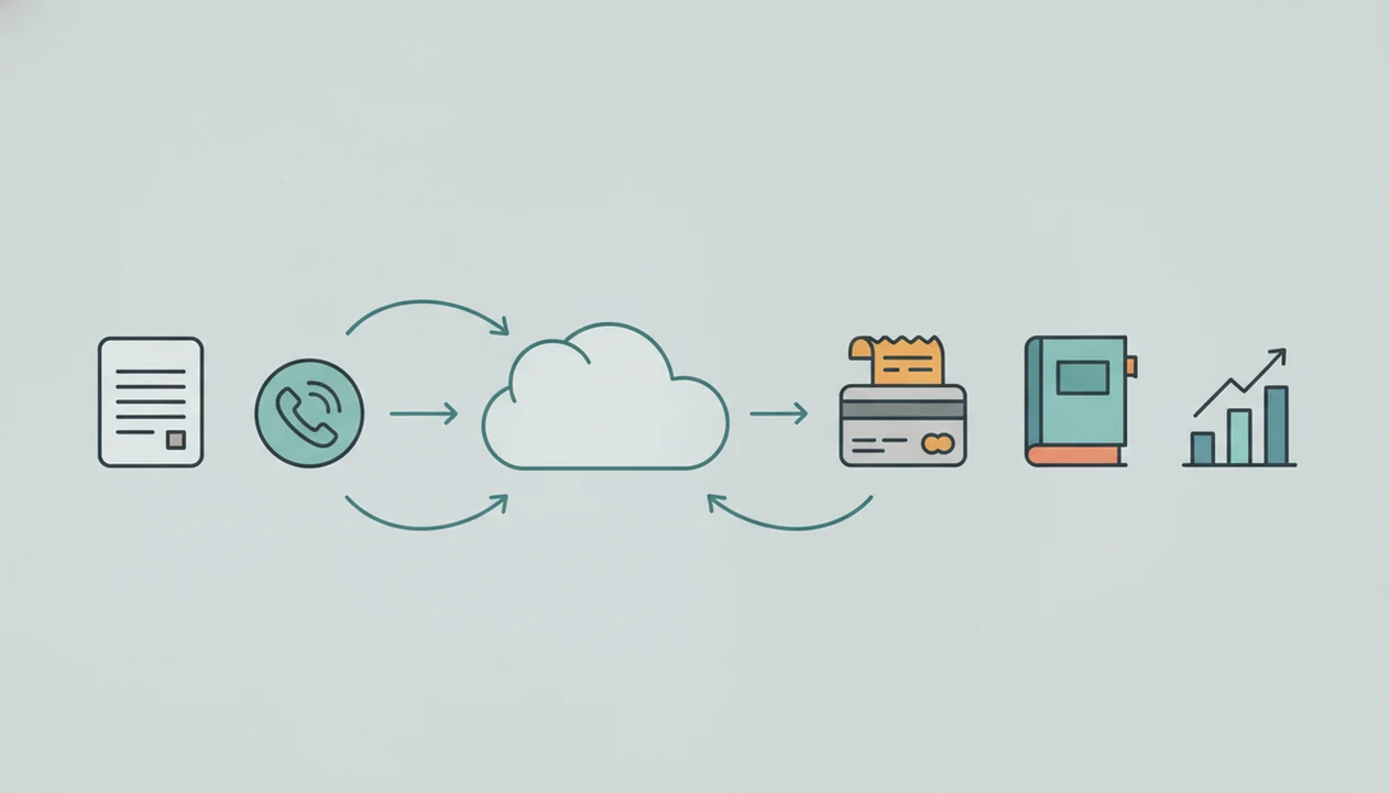 A simple diagram shows invoice records flowing into broader bookkeeping and reporting elements.