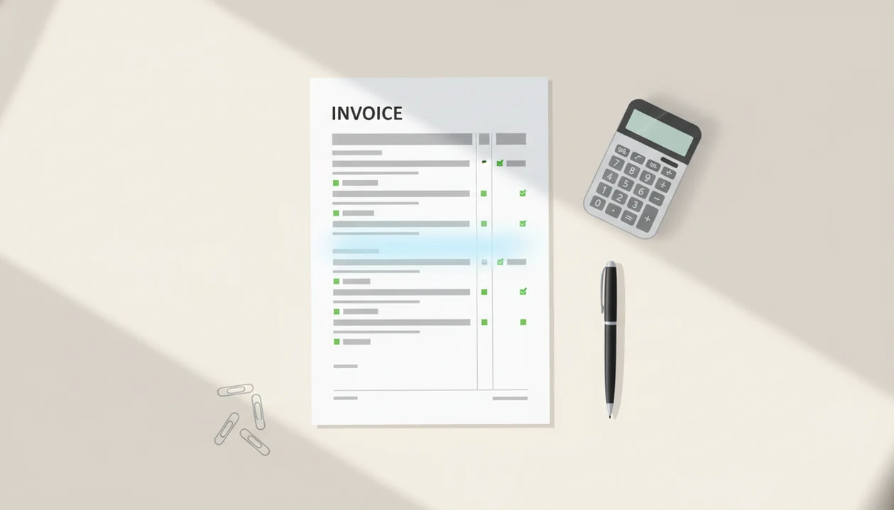A simplified invoice sheet highlights organized line item rows on a clean desk.