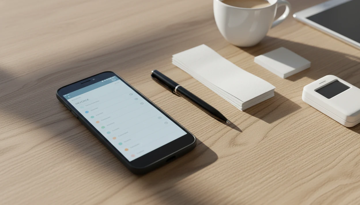 An Android phone on a desk with blank invoice-style fields, receipts, a tablet, and small business tools.