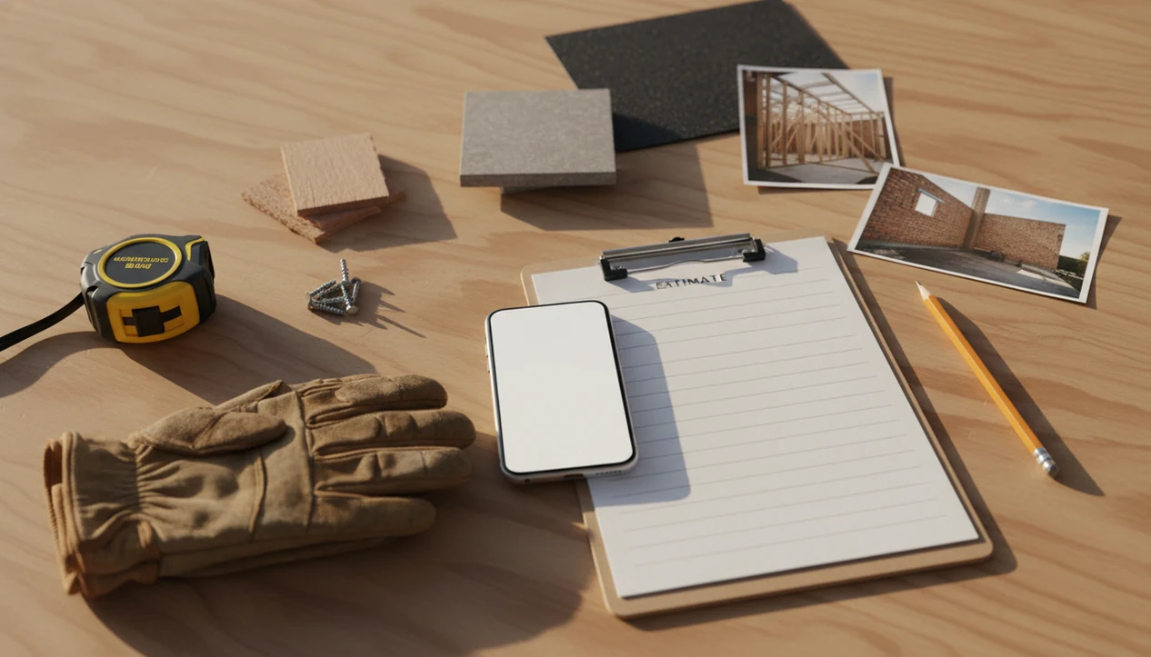 A phone, blank estimate sheet, tools, and job photos arranged on a contractor’s plywood workbench.