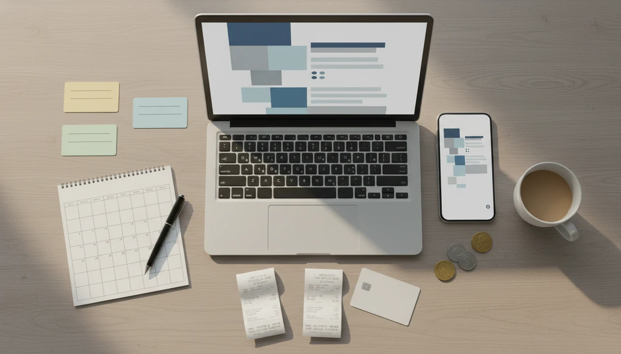 A tidy freelancer desk shows a phone, laptop, project cards, calendar, receipts, and payment items for invoicing.