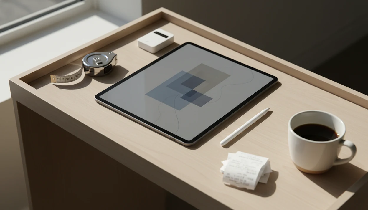 A tablet on a work surface with billing tools, receipts, stylus, and abstract invoice shapes on screen.
