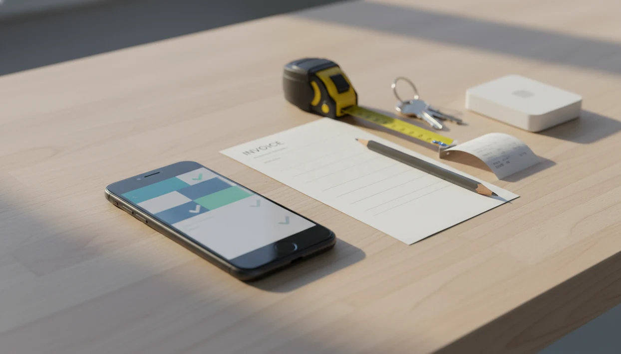 A smartphone sits on a workbench with invoice papers, tools, keys, and a card reader ready for mobile billing.