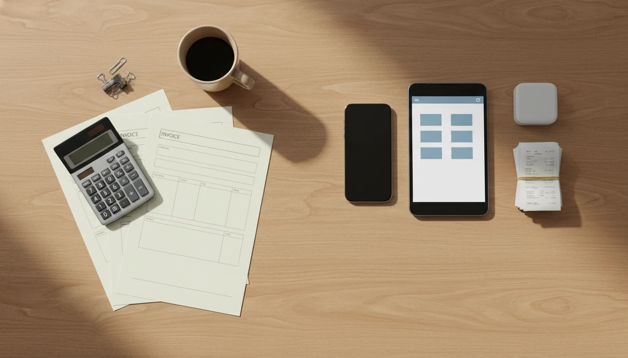 A small business desk shows messy paper invoices beside organized mobile billing tools.