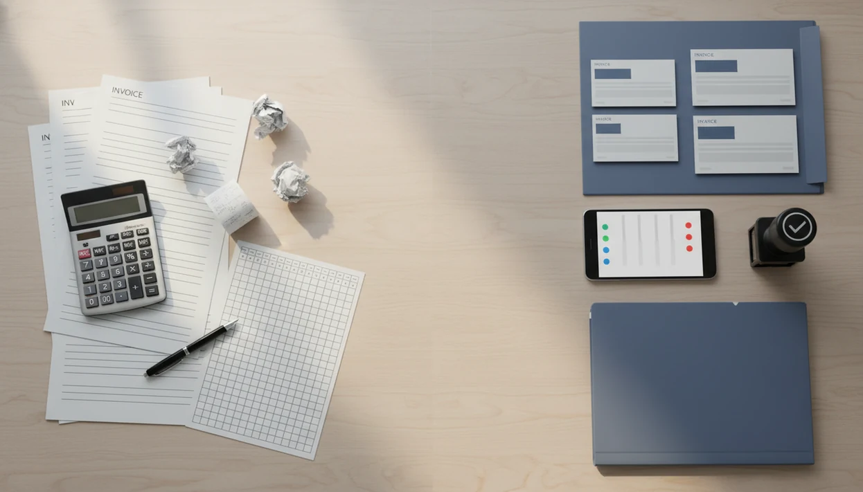 A desk compares messy paper invoice templates with an organized mobile invoice app workflow.