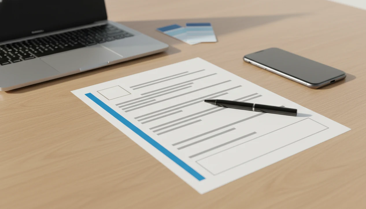 A branded invoice layout sits on a tidy desk with color swatches, a laptop, pen, and phone nearby.