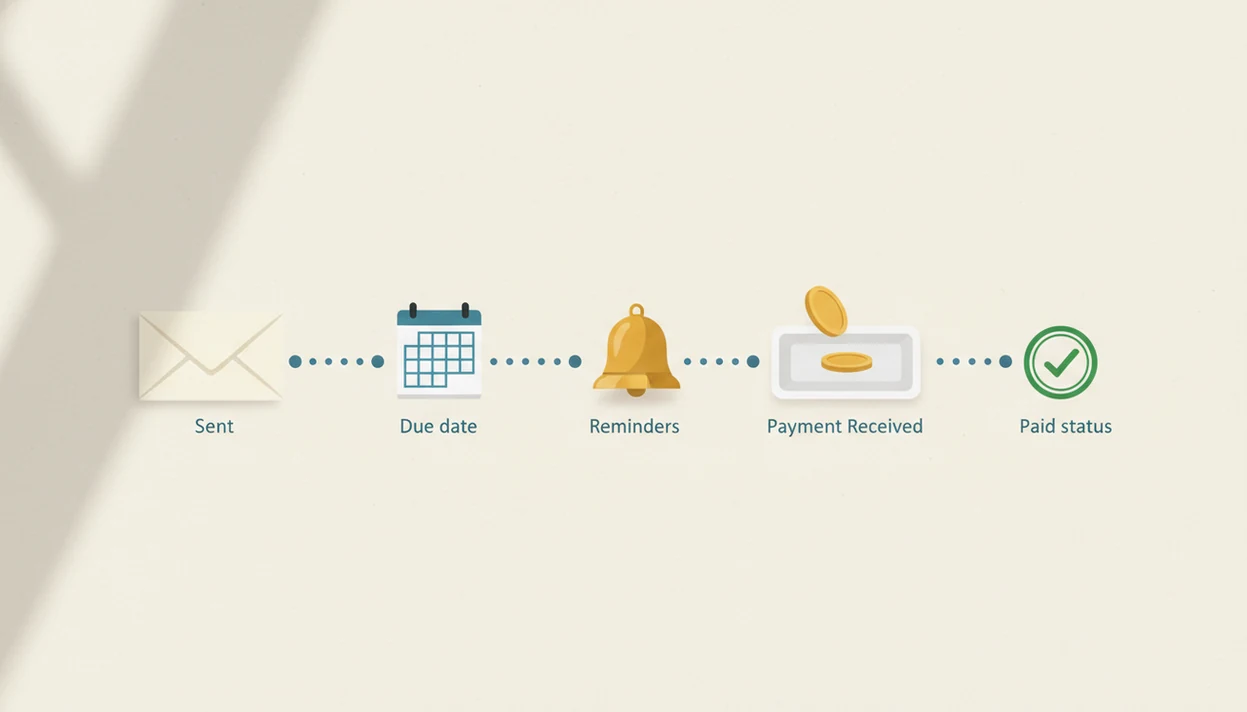 A text-free visual timeline shows an invoice moving from sent status to due date, reminders, payment, and paid status.