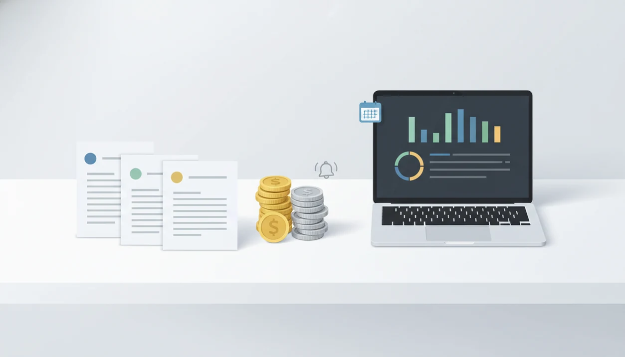 Blank invoices, status markers, coins, and dashboard shapes illustrate tracking payments from sent to paid.