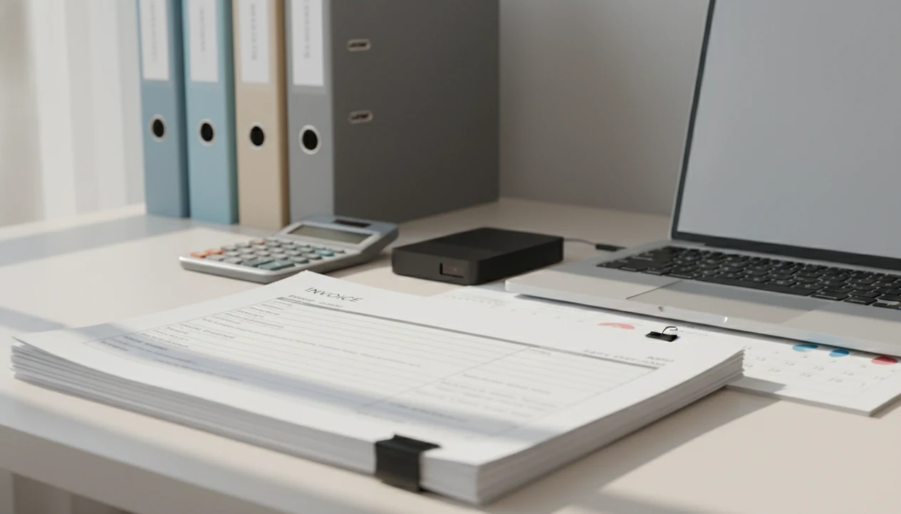 Organized invoice papers, folders, laptop, and backup drive arranged on a tidy small-business desk.
