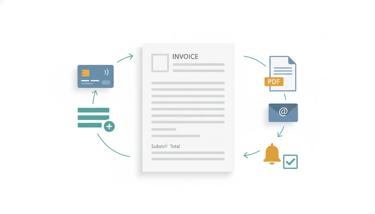 A blank invoice template connects to icons for PDF sending, reminders, clients, and payment tracking.
